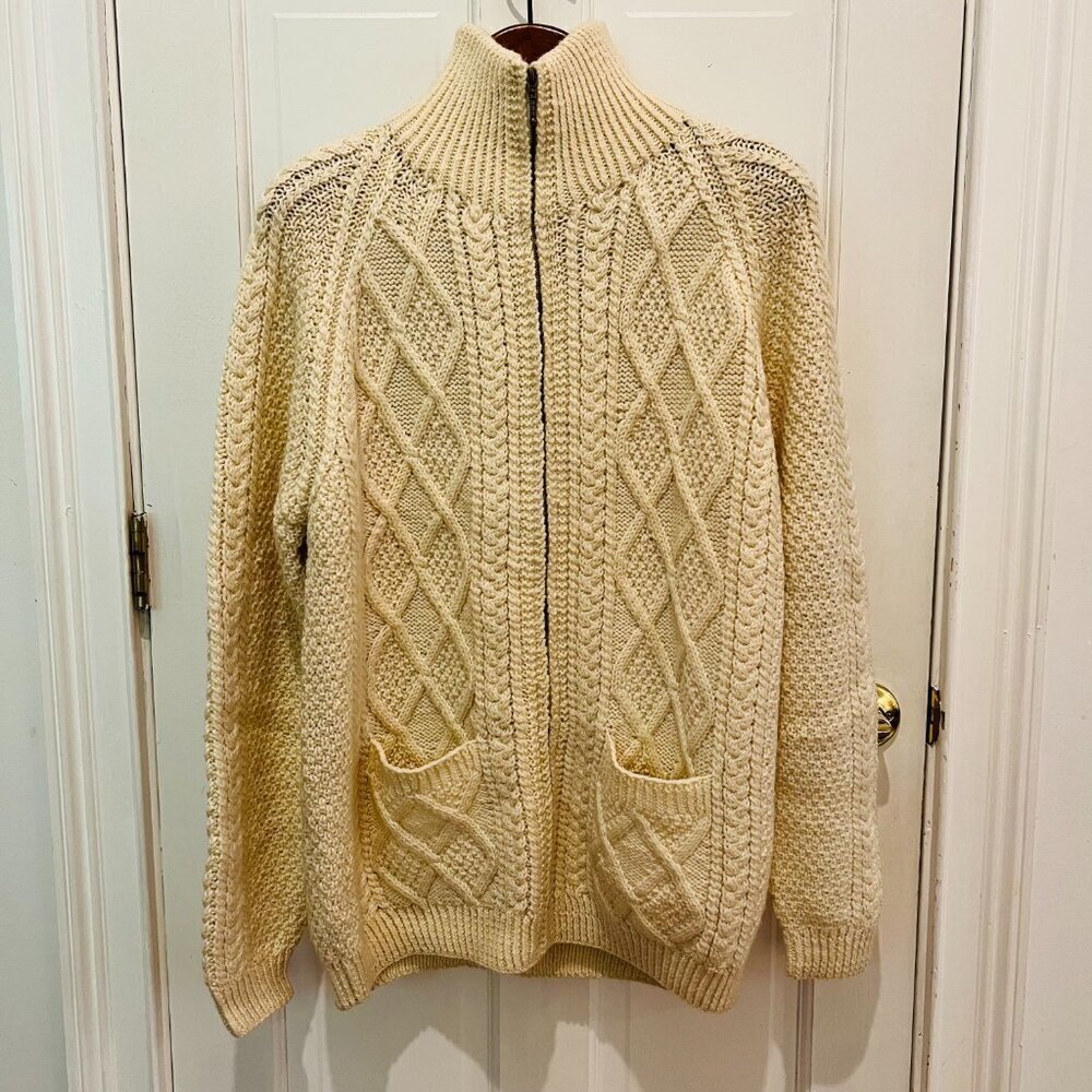 Carraig Donn Zip Up Sweater Cream Aran Cable Knit Fisherman Wool Ireland Heavy